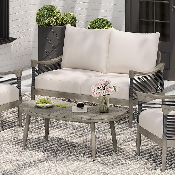 Christopher Knight Home Havets 2 Piece Patio Conversation Sets, Outdoor Acacia Wood Patio Seating Group,Woven Rope Loveseat with Cushions and Coffee Table for Porch Garden Backyard Balcony, Gray+Beige