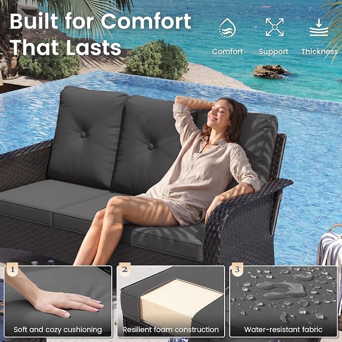 UDPATIO High Back Patio Furniture Set with 2 Swivel Rocker Chairs, Wicker Outdoor Conversation Sets with Thick Cushions & Ottoman, for Garden, Porch