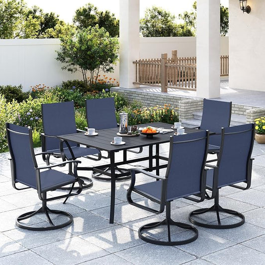 Amopatio 7 Pieces Patio Dining Set for 6, Outdoor Table and Chairs, 6 All Weather Swivel Patio Chairs, 59" Patio Spliced Rectangular Table with Umbrella Hole, for, Backyard & Poolside, Navy Blue