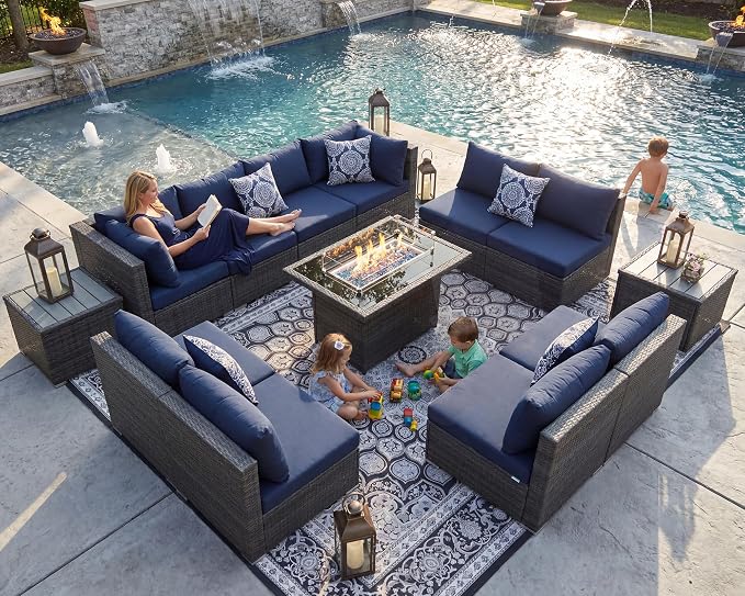 NICESOUL 13 Piece Outdoor Sectional Furniture with Firepit, Contemporary Back Yard Fireplace w/Seating Area, Plus Size 29.3'' High Back Patio Set, All-Weather Wicker Couch for Exterior, Gray & Blue
