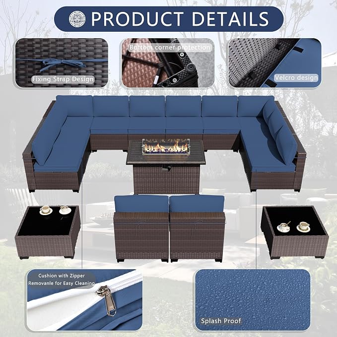 Outdoor Patio Furniture Set with Gas Fire Pit Table, 13 Pieces Outdoor Furniture Set Patio Sectional Sofa w/43in 55000 BTU Propane Fire Pit, PE Wicker Rattan Patio Conversation Sets - Dark Blue