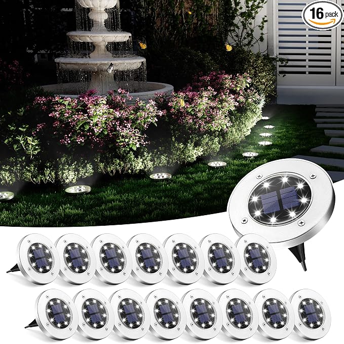 SOLPEX Solar Ground Lights Outdoor, Garden Lights 16 Pack Cool White | IP65 Waterproof Stainless Steel Landscape Lighting for Walkway, Driveway, Pathway, Patio, Backyard Decor
