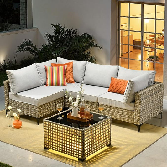 Outdoor Sectional Patio Furniture Set,5 Pieces Rattan Wicker Conversation Sets L Shaped Couch,Outside Furniture with Glowing Coffee Table,Light Grey