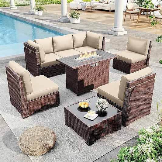 Outdoor Patio Furniture Set with 44" Fire Pit Table 8 Pieces Rattan Patio Sectional Sofa Conversation Set w/55000 BTU Propane Gas Fire Pit, Coffee Table, 2 Waterproof Covers, Khaki