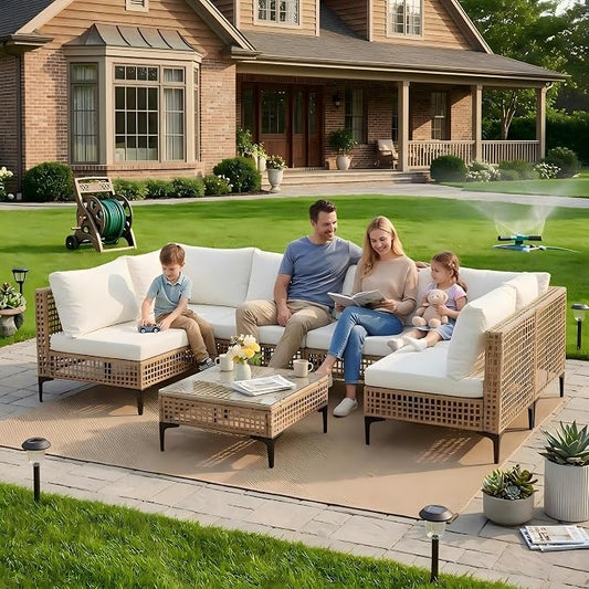 7-Piece Patio Furniture Set, All Weather Wicker Outdoor Sectional Conversation Sofa w/Thick Cushions & Glass Table for Lawn Poolside Backyard Porch, Beige