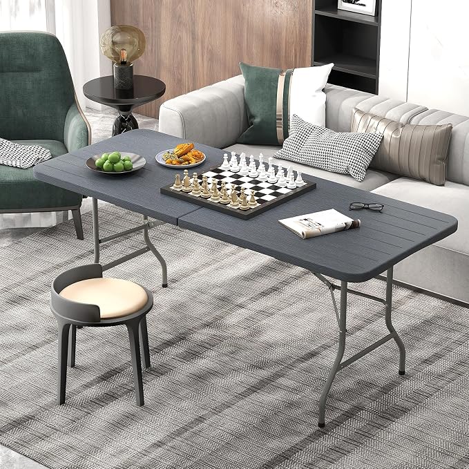 Giantex 6ft HDPE Folding Table, Outdoor Indoor Foldable Table with Metal Legs, Fold-in-Half Portable with Handle for Picnic, Camping, Banquet, Party Event (Gray)
