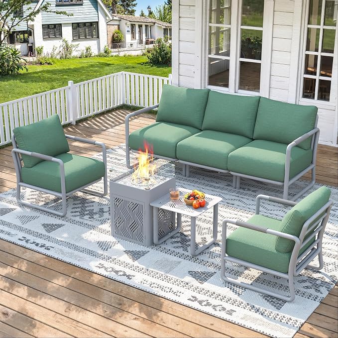 5-Seat Outdoor Aluminum Patio Set with 45,000 BTU Fire Pit Table, 6.5" Thick Cushions & Wide Seating, All-Weather for Pool, Balcony, Garden, White