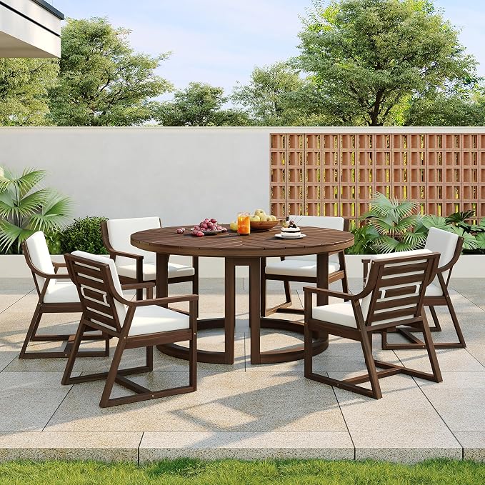 7-Piece Outdoor Patio Dining Set, All-Weather Acacia Wood 59'' Round Dining Table with 1.96" Umbrella Hole and 6 Arm Chairs for Backyard, Balcony, Garden, Poolside (Mocha-2.14)