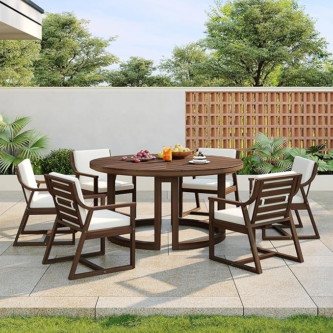 7-Piece Outdoor Dining Set, 59" Round Table with Umbrella Hole and 6 Padded Chairs, Rustic Patio Furniture Set for Garden Backyard Family Gatherings (Mocha-R1)