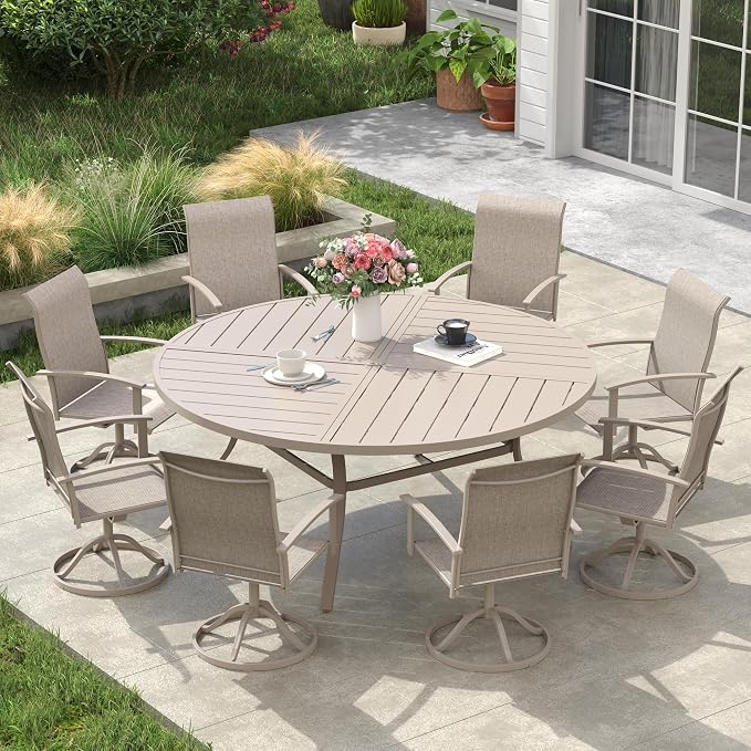 VICLLAX 60" Round Outdoor Table, Patio Dining Table for 8-10 with Umbrella Hole for Garden Lawn Deck Backyard, Sandshell