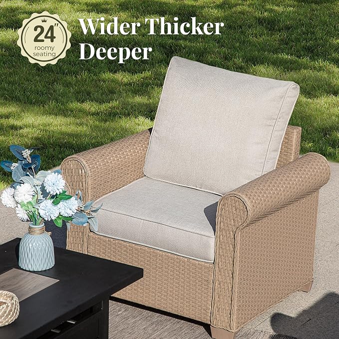 MIXPATIO Patio Furniture Set 6 pcs, Wicker Outdoor Patio Furniture, 3-Seat Sofa, 4 Single Chairs and 56" Gas Fire Pit Table, Rattan Patio Conversation Set for Backyard Deck, Beige