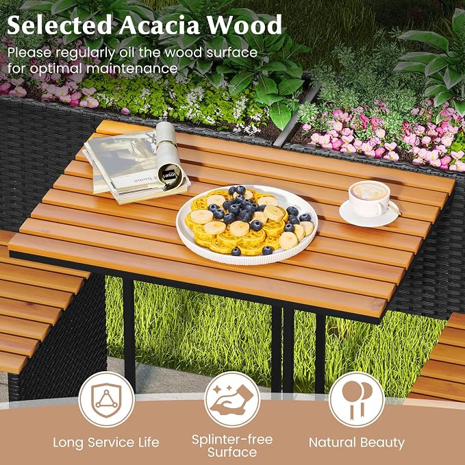 RELAX4LIFE Patio Furniture Set with Raised Garden Bed, Wicker Rattan Elevated Planter Table w/2 Chairs, Slatted Acacia Wood Top & Bottom Storage, Outdoor Conversation Set w/Planter Box for Herb Flower