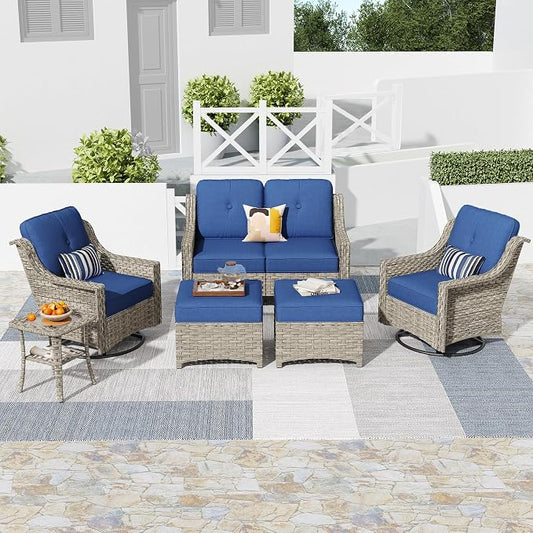 HOOOWOOO 6 Piece Patio Furniture Conversation Sets with Swivel Rocking Chairs,Outdoor Wicker Furniture with Ottoman,All Weather Resistant High Back Rattan Conversational Set(Denim Blue)