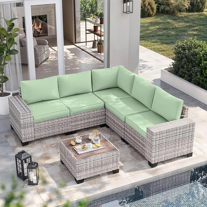 8-Piece Outdoor Patio Furniture Set Wicker Sectional Sofa Set with Ottomans, Patio Conversation Set with Thickened Cushions & Coffee Table for Garden, Backyard, Poolside, Light Green