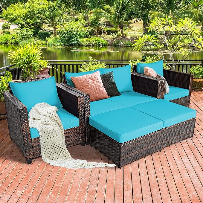 Tangkula 5 Pieces Patio Wicker Furniture Set, Outdoor Rattan Sofa Set with Loveseat, 2 Single Sofas, 2 Ottomans & Removable Cushions, Sectional Daybed Sofa Set for Yard, Garden, Poolside, Turquoise