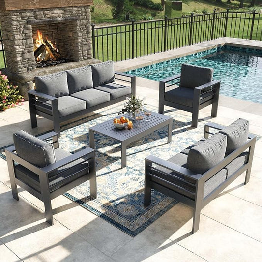 5 Pieces Modern Aluminum Patio Furniture Set, Outdoor Conversation Sets Metal Sectional Sofa with Coffee Table