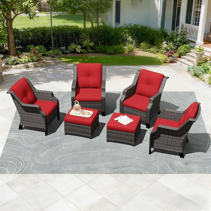 Outdoor Patio Furniture Set, 6 Piece Wicker Patio Furniture with Thick Cushions, Curved Armrest, Deep Seating, Rattan Outdoor Chairs for Porch, Deck, Balcony