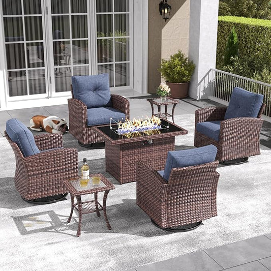 LayinSun 7 Pieces Patio Furniture Set with Swivel Chairs, Rattan Wicker Rocking Glide Chairs with 44" Propane Gas Fire Pit Table Conversation Set