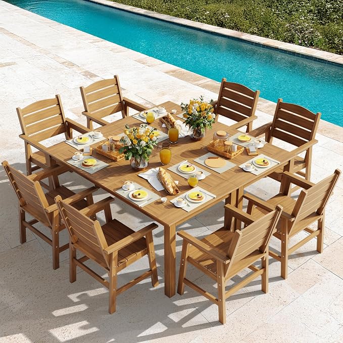 YEFU Patio Dining Sets 10-Piece: All-Weather Outdoor Table and Chairs with Umbrella Hole - Easy Assembly Patio Dining Set for 8 Modern HIPS Furniture with Aluminum Frame for Family with Deck Teak