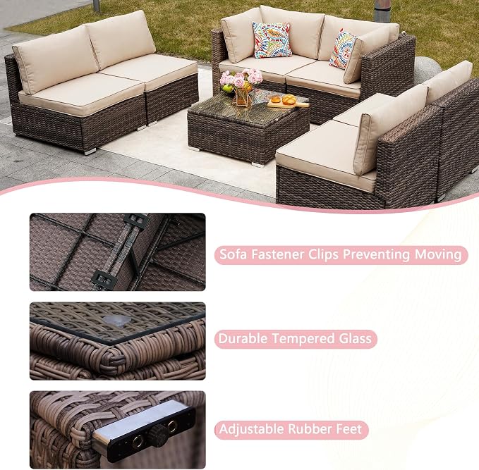 7-Piece Outdoor Patio Furniture Set - PE Wicker Sectional Sofa Set,with (Beige) Cushions and Glass-Top Coffee Table, Perfect for Gardens, Poolside, Backyard, Beige/Brown