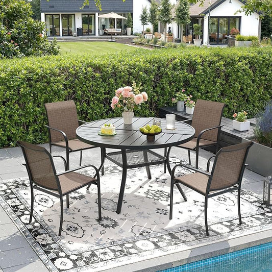 DIFY Patio Dining Set for 4, 5 Piece Outdoor Table and Chairs Set, 40.6" Black Round Metal Patio Dining Table and 4 Brown Textilene Stackable Patio Chairs, for Backyard Garden Poolside