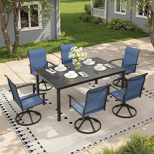 7 Pieces Patio Dining Set, Outdoor Furniture of 63" Rectangular Patio Table and Patio Swivel Chairs for Backyard Lawn Garden, Black Table and Dark Blue Chairs
