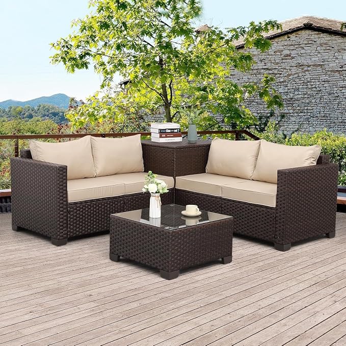 4 Piece Outdoor Patio Furniture Set Brown Rattan Sectional Sofa Couch with Storage Box, PE Wicker Conversation Sets, Glass Top Table, Khaki Cushions for Backyard Garden Lounge