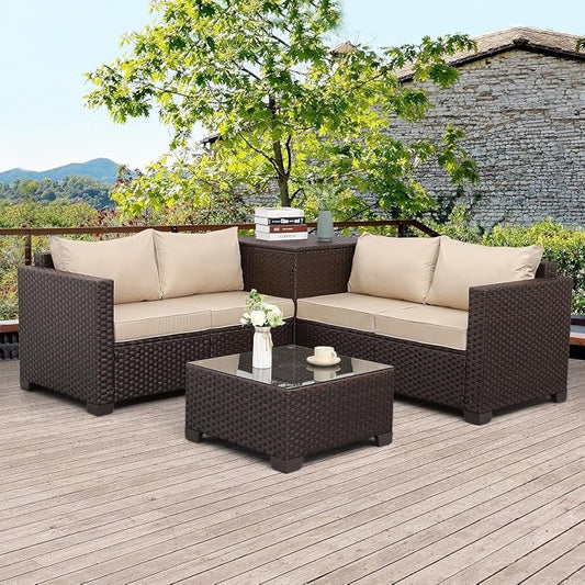 4 Piece Outdoor Patio Furniture Set Brown Rattan Sectional Sofa Couch with Storage Box, PE Wicker Conversation Sets, Glass Top Table, Khaki Cushions for Backyard Garden Lounge