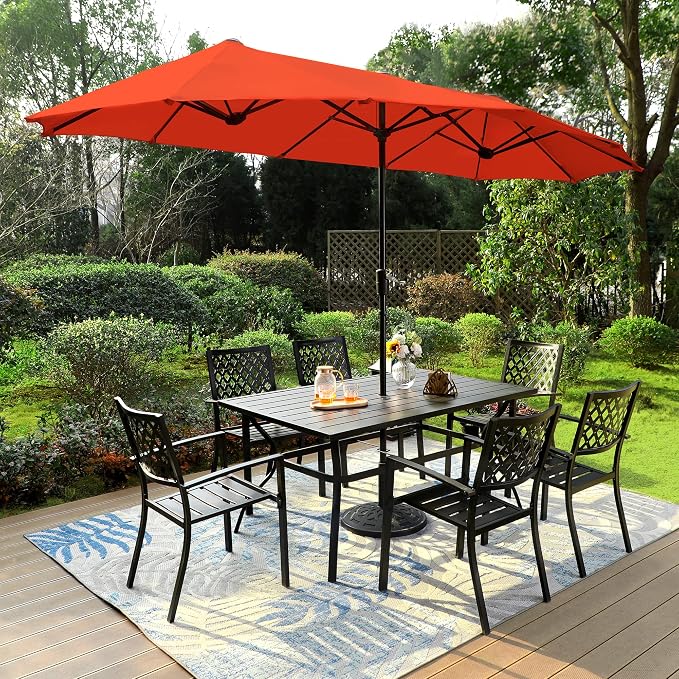 PHI VILLA 8 Pcs Patio Dining Set w/ 13ft Double-Sided Patio Umbrella | Metal Outdoor Table Furniture Set with 6 Outdoor Stackable Chairs, 1 Rectangle Dining Table and 1 Large Umbrella