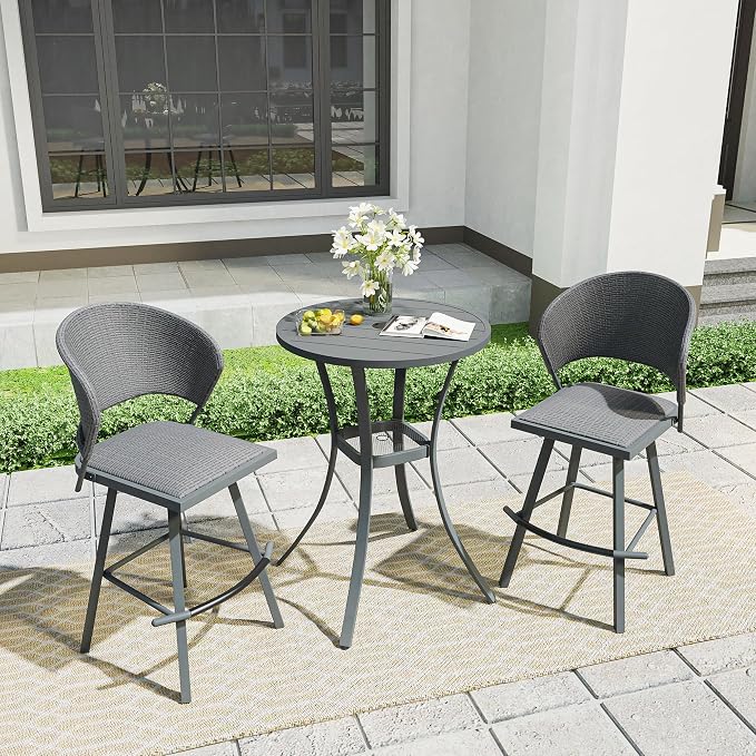 VICLLAX Outdoor Bar Table, 28" Wide Round Patio Bar-Height Table Weather Resistant Metal Slatted Tabletop with Umbrella Hole for Front Porch Deck, Backyard, Dark Grey