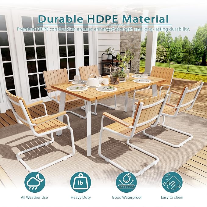 7 Piece Outdoor Conversation Set for 6, HDPE Patio Seating Set with Table and Chairs, All-Weather Outdoor Lounge Furniture with Umbrella Hole for Garden, Porch, Poolside, White & Teak