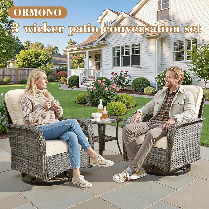 3 Pieces Patio Furniture Set, High Back Outdoor Swivel Rocker Chairs, Wicker Outdoor Furniture with Swivel Rocking Chairs and Side Table for Porch, Backyard, Balcony, Beige