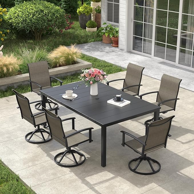 VICLLAX 7 Pieces Patio Dining Set, Patio Furniture Set of Metal Outdoor Table with Umbrella Hole and 6 Swivel Patio Chairs for Backyard Lawn, Mixed Brown & Black