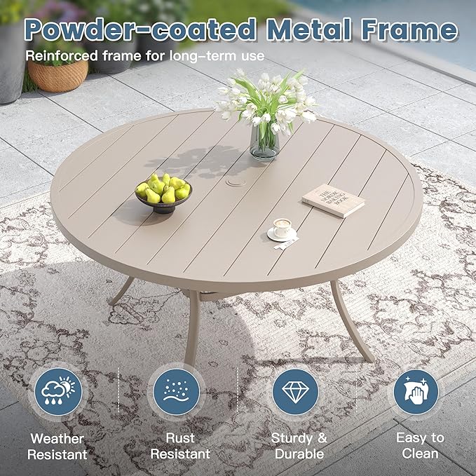 DIFY 60" Round Outdoor Patio Dining Table for 8-10, Metal Patio Table with 1.57" Adjustable Umbrella Hole, All-Weather Dining Furniture Table for Backyard Lawn Garden, Cream