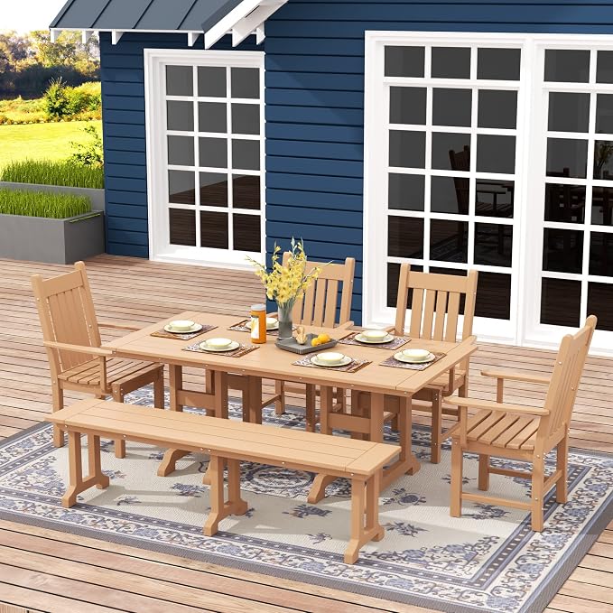 WO Home Furniture Adirondack Patio Dining Chair Table Bench Set of 6 PCS Rectangle Dinner Table Dining Arm-Chairs (Teak)