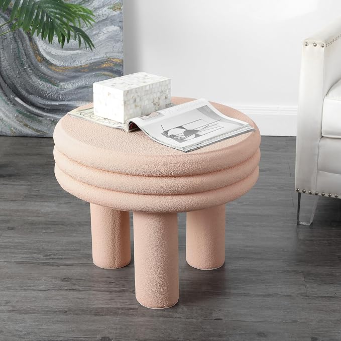JONATHAN Y Rashida 18" Modern Round Polyresin Indoor Outdoor Accent Side Table, Weather Resistant Table with Chunky Ribbed Stacked Ring Design and Tripod Pillar Base, Pink Frosted TBL1106B