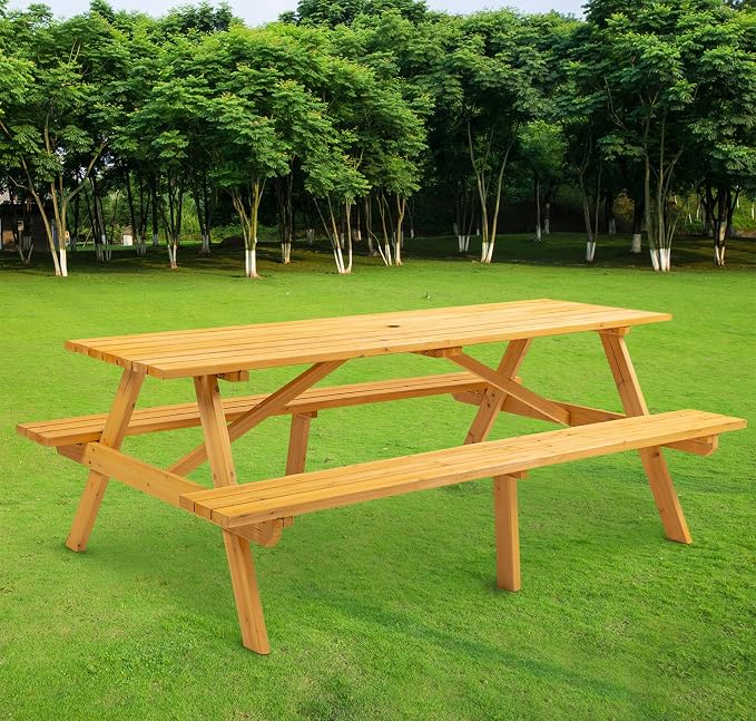 SSLine 8-Person Solid Wood Picnic Table Outdoor Rectangular Picnic Table and Bench Set with Umbrella Hole Outside Wooden Table and Chairs Set for Patio Backyard Garden Lawn (Natural Brown)