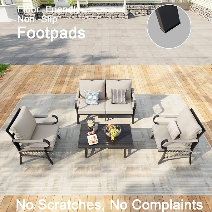 4 Pieces Patio Furniture Set, Metal Outdoor Conversation Sets with Coffee Table, Modern Couch Sofa Set Includes Single Chairs and Loveseat Seating Group (Thick Beige Cushions)