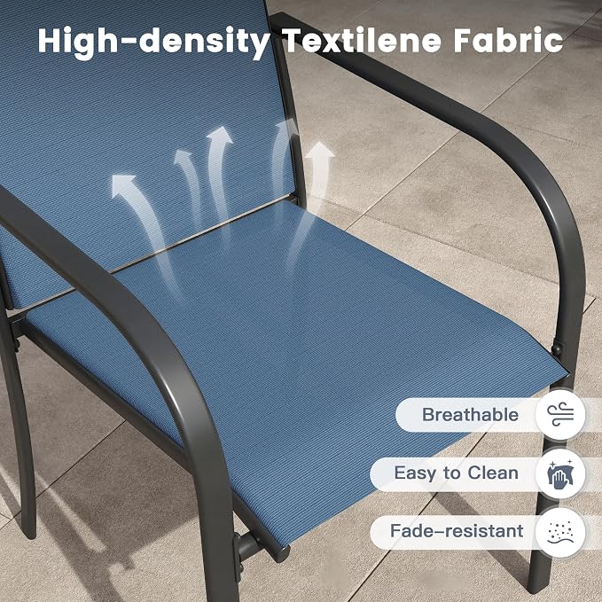 VICLLAX 9 Pieces Patio Outdoor Dining Set, 70" Outdoor Rectangular Metal Dining Table with Umbrella Hole and 8 Stackable Textilene Chairs for Lawn, Garden, Porch, Black/Dark Blue