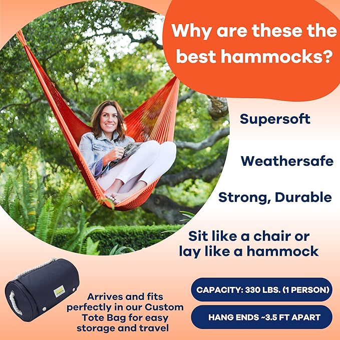 Handwoven Hammock & Charcoal Vista Stand by Yellow Leaf Hammocks - Hanging Chair, Fits 1 Person, 330lb max - Weathersafe, Easy to Hang & Setup, Ultra Soft, Artisan Made - Hammock Color: Red & Orange