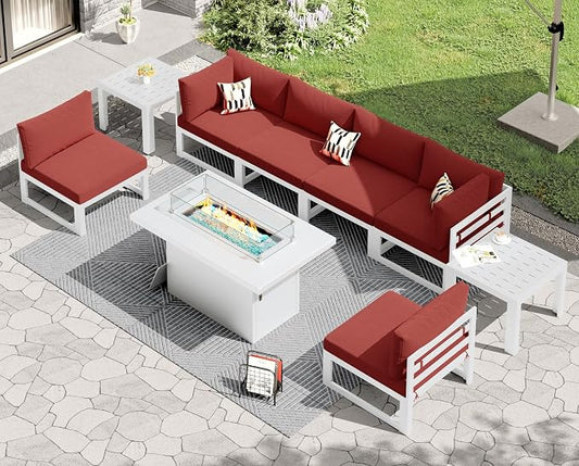 RADIATA 9 Piece High End Aluminum Patio Furniture Set with Fire Pit Table, 500 lbs Heavy Duty Outdoor Sectional Sofa, 29" Deep Wide Oversized Seating L Shaped Conversation Couch for Exterior, Burgundy