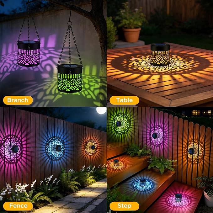 4 Pack Solar Fence Lights Outdoor, Metal Solar Powered Wall Deck Step Light | Mandala Theme, Hanging LED Waterproof Decorative Lighting for Garden Patio Backyard Post Decor, 7 Colors