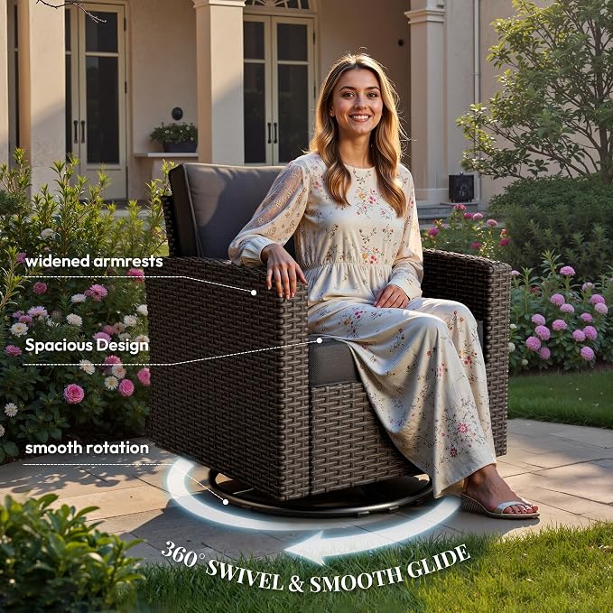 WWR Patio Furniture Set-30% Thicker Wicker-Luxury 3 Piece PatioWicker Outdoor Patio Conversation Set with Extra Wide & Thick Cushions, Swivel Rocking Chairs for Backyard, Porch & Deck