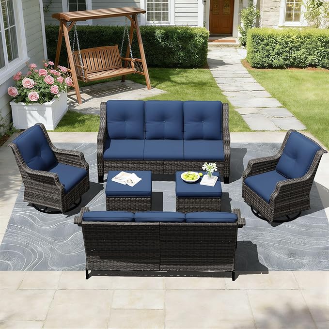 Outdoor Patio Furniture Set, 6 Piece Wicker Patio Furniture with Thick Cushions, Curved Armrest, Deep Seating, Rattan Outdoor Chairs for Porch, Deck, Balcony