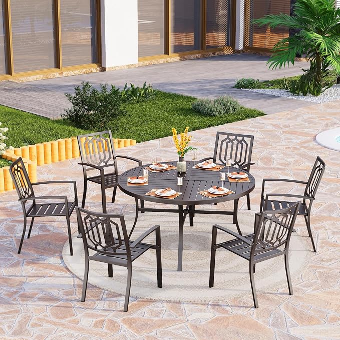 PHI VILLA 7 Pcs Outdoor Dining Set, 54" Round Table& Stackable Chairs | Wrought Iron Dining Table w/ Umbrella Hole & Stackable Steel Chairs, Patio Furniture Set for Patio, Deck, Yard, Porch