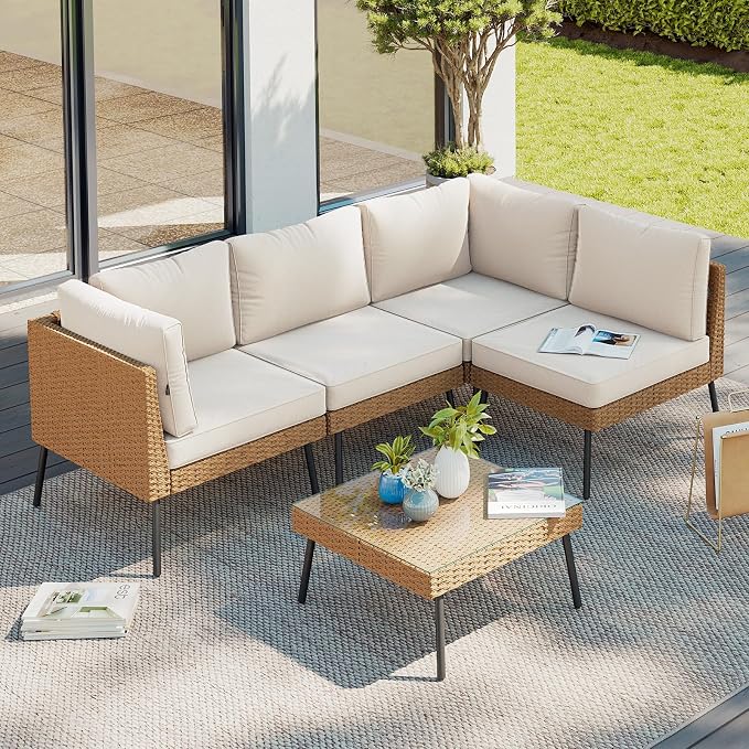 Aoxun Patio Furniture Set, 5 Piece Outdoor Sectional Sofas with Thick Cushion, Wicker Outdoor Patio Furniture Set with Coffee Table for Party, Garden, Backyard, Beige