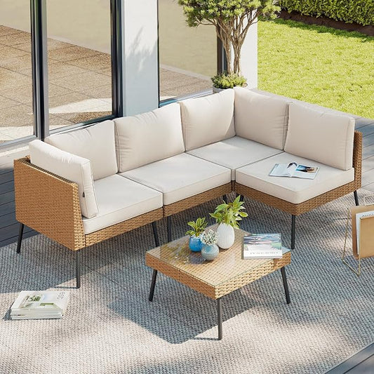 Aoxun Patio Furniture Set, 5 Piece Outdoor Sectional Sofas with Thick Cushion, Wicker Outdoor Patio Furniture Set with Coffee Table for Party, Garden, Backyard, Beige