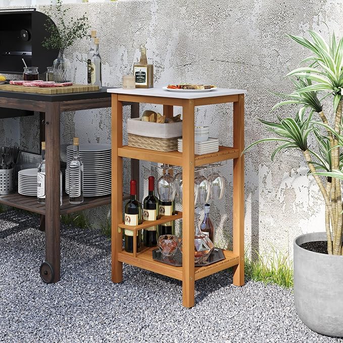 Goplus Outdoor Side Table, 3-Tier Acacia Wood Bar Table w/Marble-Like Countertop, 2 Slatted Shelves, Glass & Wine Holders, Small Buffet Sideboard & Corner End Table for Patio, Deck or Indoor