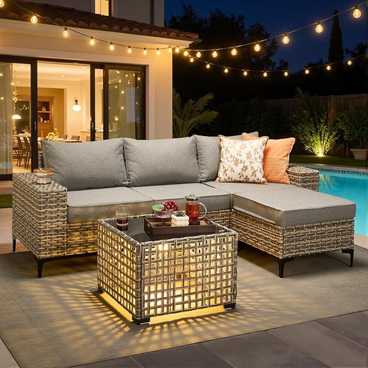 HOOOWOOO 5 Pieces Patio Furniture Set,L Shaped Outdoor Sectional Couch with Solar Table, Pe Wicker All Weather Outside Conversation Sofa Ottoman Set,Charcoal Gray
