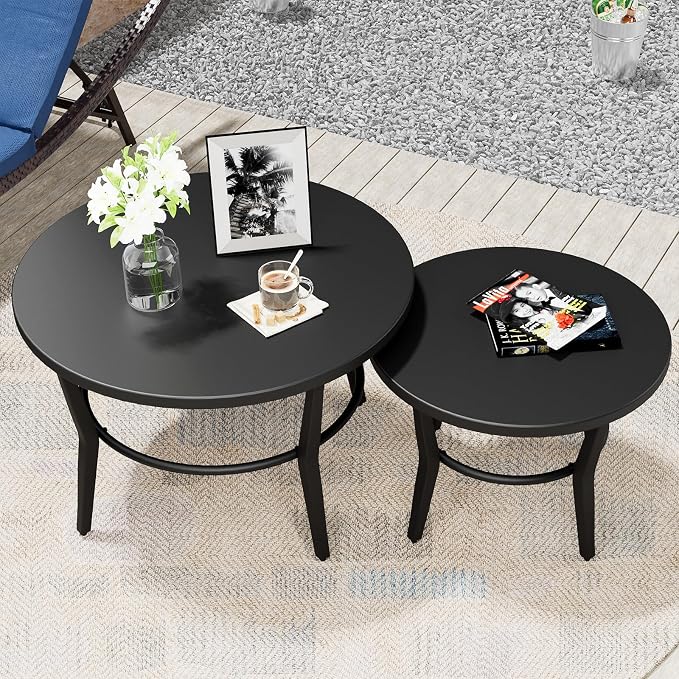 ALAULM Patio Round Coffee Table Set of 2, Outdoor Large Side Table-Weather Resistant Metal Steel for Patio, Backyard, Pool,Lawn(Black)
